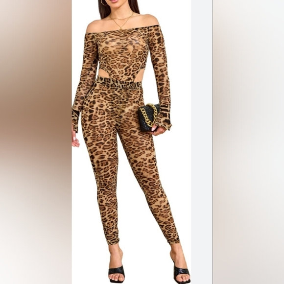 Feline Sexy Matcing Set wom Summer Bodycon Jumpsuit Leopard Long Sleeve Off S - Picture 5 of 13